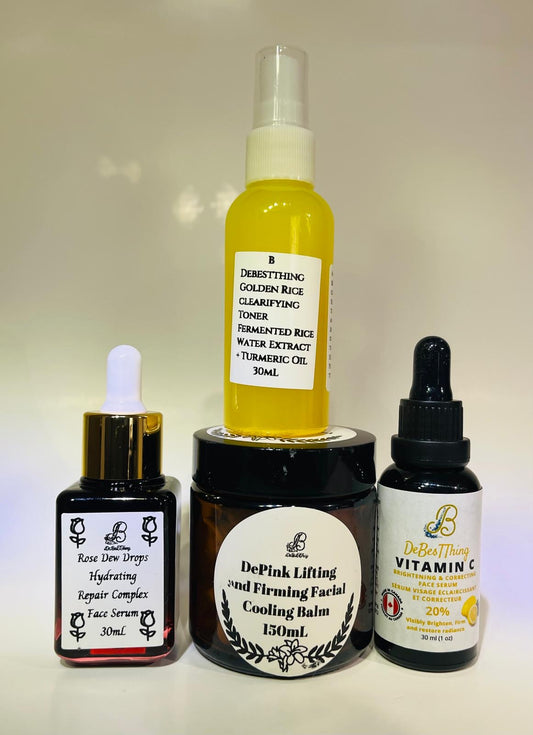 Holiday Bundles: Golden Rice Clarifying Toner
Rose Dew Drops Hydrating Serum
DePink Cooling & Lifting Balm
Vitamin C Brightening Serum