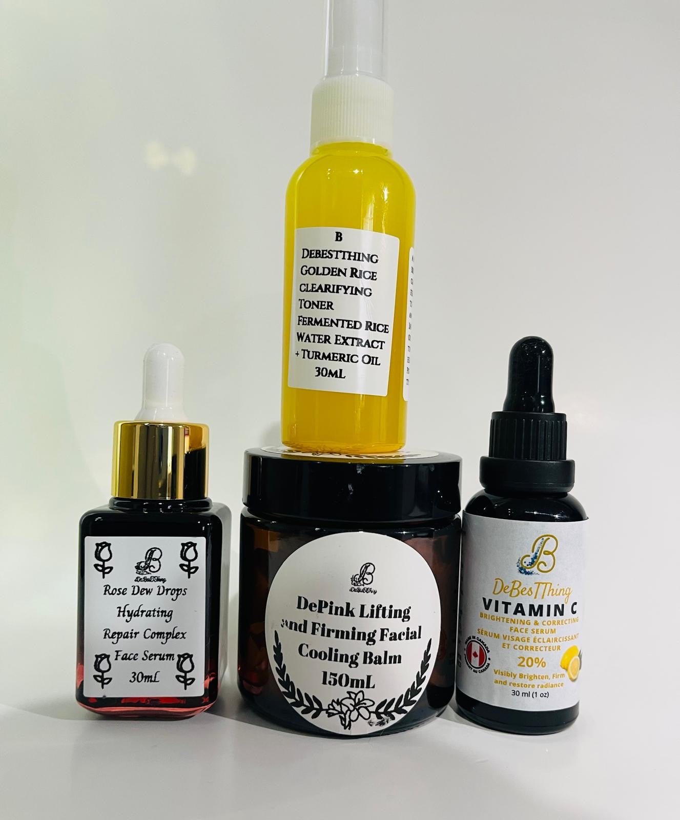 Holiday Bundles: Golden Rice Clarifying Toner
Rose Dew Drops Hydrating Serum
DePink Cooling & Lifting Balm
Vitamin C Brightening Serum