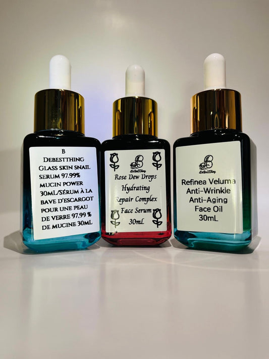 Holiday Bundles: Glass Skin Snail Serum.
Rose Dew Drops Repair Complex.?Refinea Veluma Anti-Aging Oil.