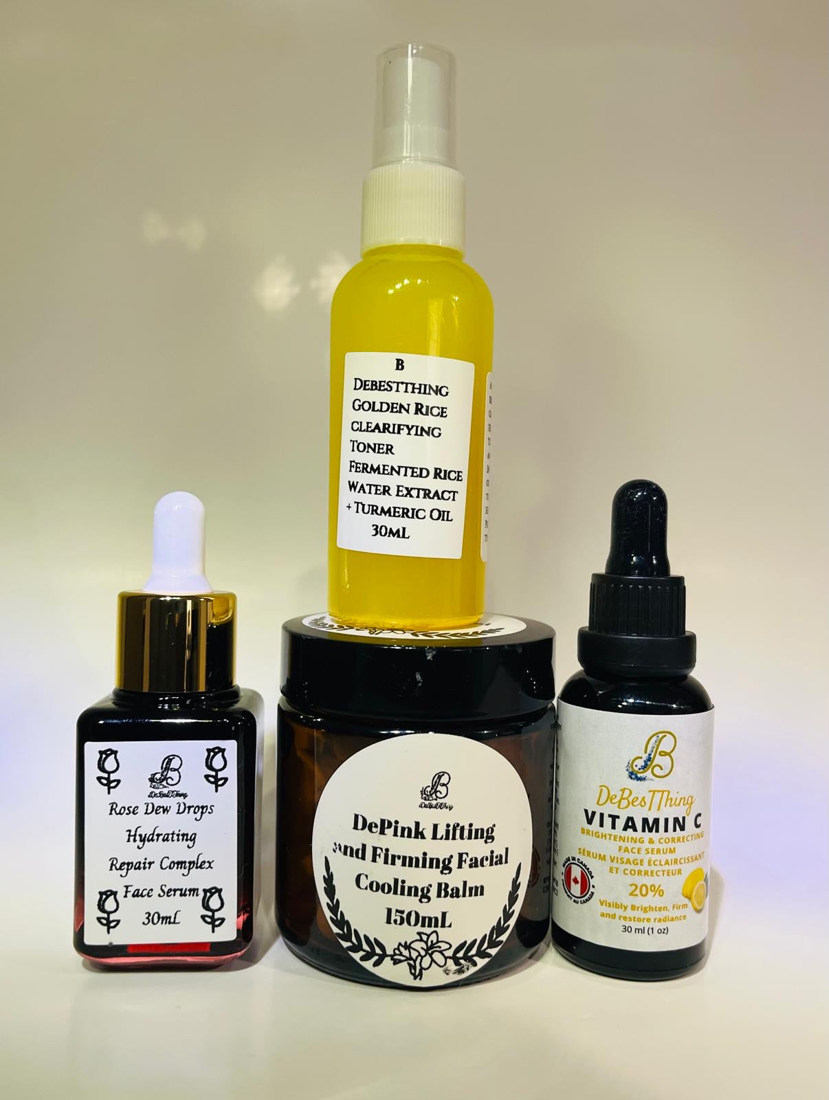 Holiday Bundles: Golden Rice Clarifying Toner
Rose Dew Drops Hydrating Serum
DePink Cooling & Lifting Balm
Vitamin C Brightening Serum