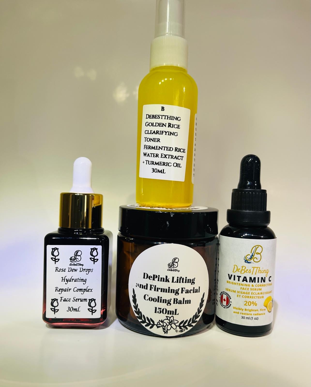 Holiday Bundles: Golden Rice Clarifying Toner
Rose Dew Drops Hydrating Serum
DePink Cooling & Lifting Balm
Vitamin C Brightening Serum