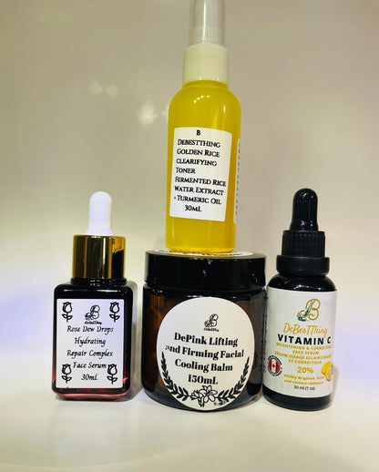Holiday Bundles: Golden Rice Clarifying Toner
Rose Dew Drops Hydrating Serum
DePink Cooling & Lifting Balm
Vitamin C Brightening Serum