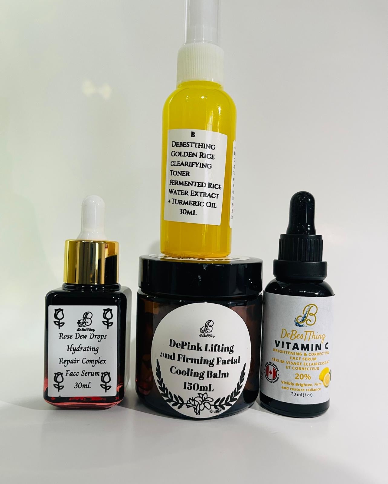 Holiday Bundles: Golden Rice Clarifying Toner
Rose Dew Drops Hydrating Serum
DePink Cooling & Lifting Balm
Vitamin C Brightening Serum