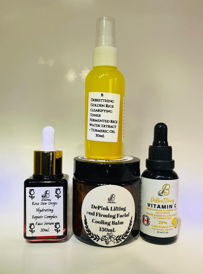 Holiday Bundles: Golden Rice Clarifying Toner
Rose Dew Drops Hydrating Serum
DePink Cooling & Lifting Balm
Vitamin C Brightening Serum