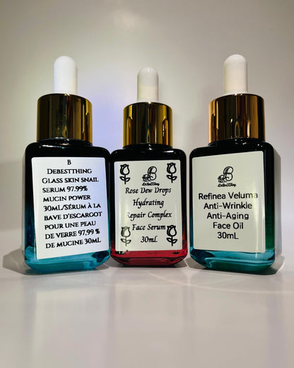 Holiday Bundles: Glass Skin Snail Serum. 
Rose Dew Drops Repair Complex.?Refinea Veluma Anti-Aging Oil.