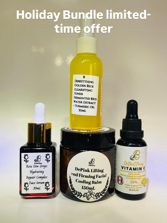 Holiday Bundles: Golden Rice Clarifying Toner
Rose Dew Drops Hydrating Serum
DePink Cooling & Lifting Balm
Vitamin C Brightening Serum