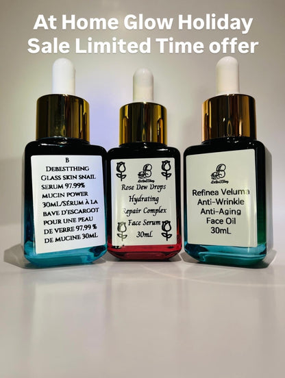 Holiday Bundles: Glass Skin Snail Serum. 
Rose Dew Drops Repair Complex.?Refinea Veluma Anti-Aging Oil.